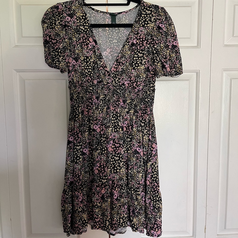 Summery Dress with Pink and Yellow Flowers with v-neck